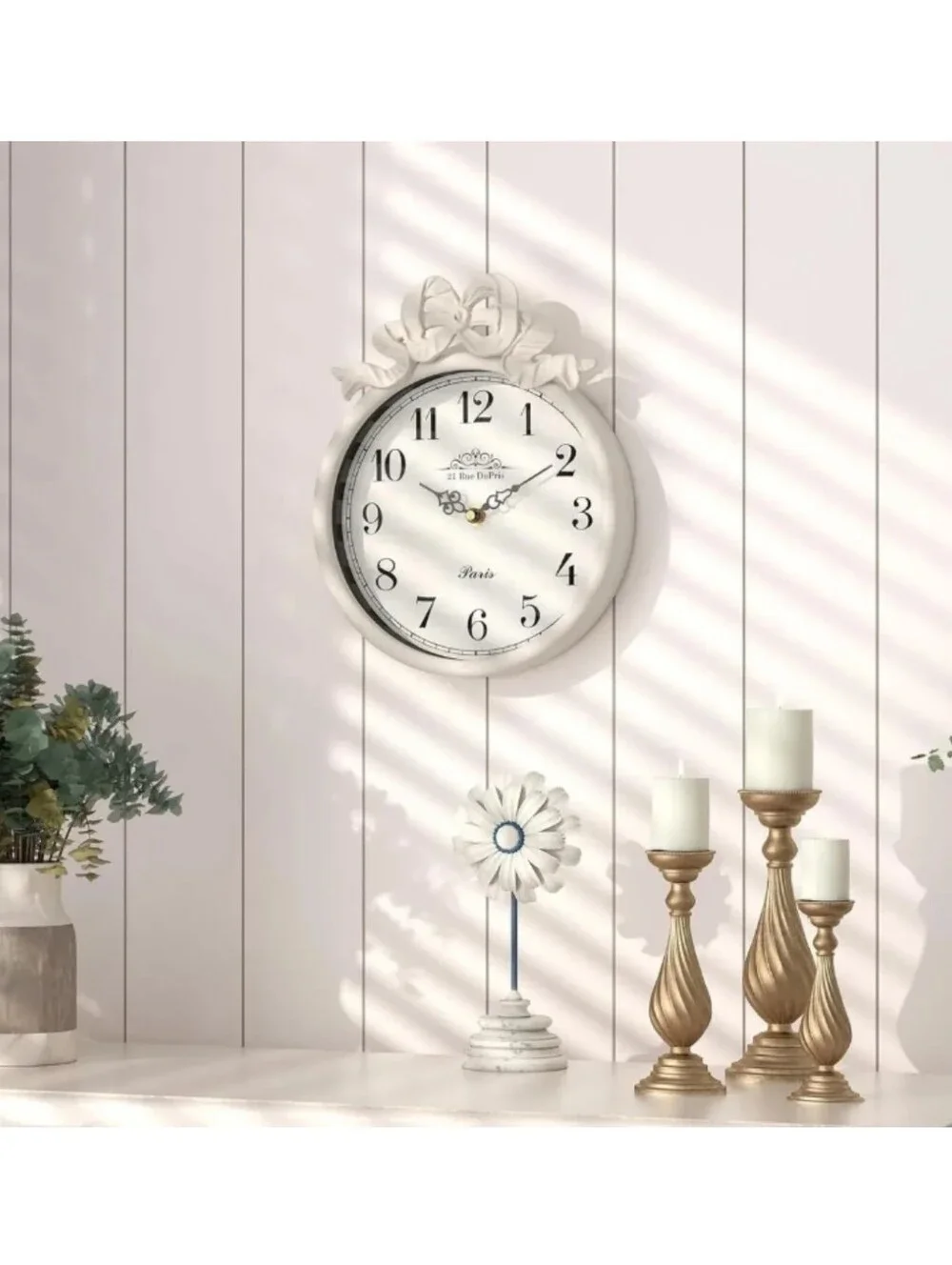 NWT French Country Shabby Chic Bow Decor Round Wall Clock In Off-White
